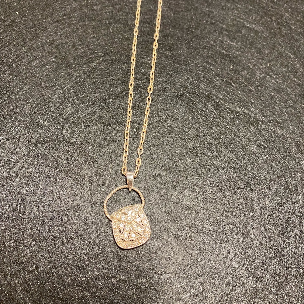 Mini braided handle, crystal accent purse charm necklace, 925 FAS with 18” chain